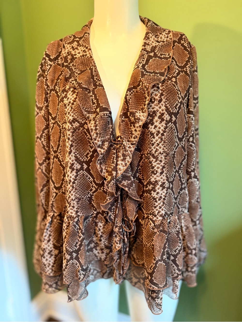 HAVER - Snake-Print Ruffle Front Women's Sweater - Brown
